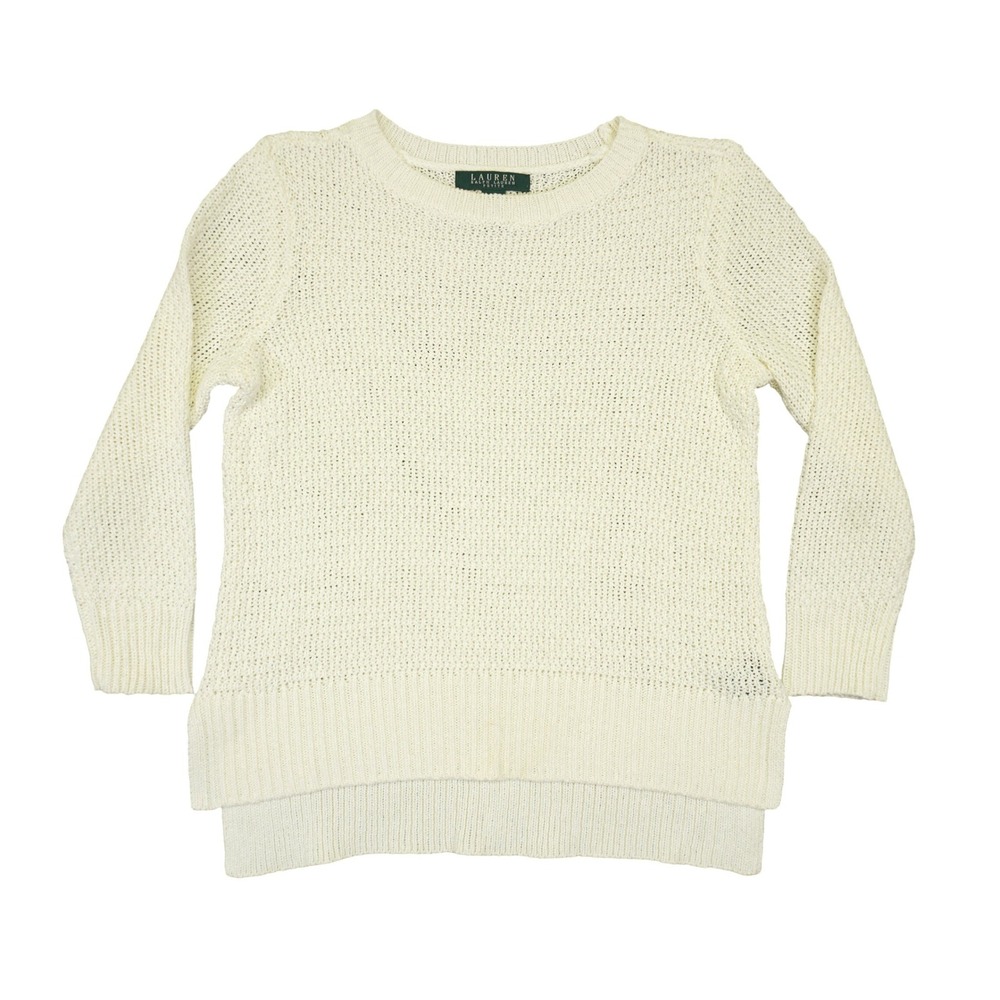 Lauren Ralph Lauren Sweater Womens PXS Cream Open Knit Crochet High Low Boho